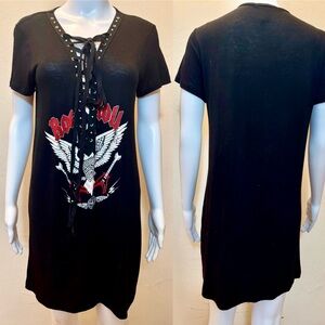 Forever 21 Rock & Roll Lace-Up Graphic Black T-Shirt Dress – Size Small